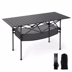 Table de Jardin Extérieur Pliante COSTWAY Plateau Roulable en Aluminium Panier Sac de Transport pour Camping Plage Pêche Noir