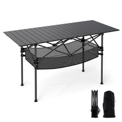 Table de Jardin Extérieur Pliante COSTWAY Plateau Roulable en Aluminium Panier Sac de Transport pour Camping Plage Pêche Noir