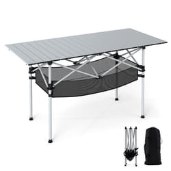 Table de Jardin Extérieur Pliante COSTWAY Plateau Roulable en Aluminium Panier Sac de Transport pour Camping Plage PêcheArgent