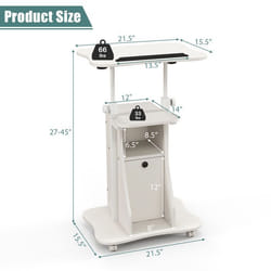 COSTWAY Bureau d’ Ordinateur Roulant Réglable en Hauteur 68 à 114 cm Plateau Inclinable à 180° Compartiments de Rangement Blanc