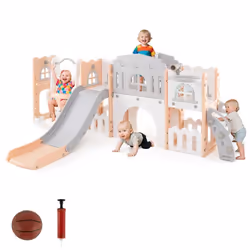 Toboggan 10 en 1 COSTWAY avec Balançoire & Panier de Basketball Télescope & Volant & Échelle Espace de Rangement 1 an+ Rose