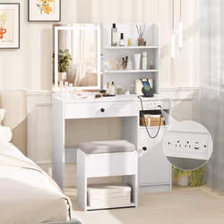 Ensemble Coiffeuse et Tabouret avec Miroir COSTWAY Lumières à 3 Modes dÉclairage Station de Charge Tiroir Étagère Réglable