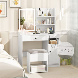 Ensemble Coiffeuse et Tabouret avec Miroir COSTWAY Lumières à 3 Modes dÉclairage Station de Charge Tiroir Étagère Réglable