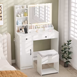 Ensemble Coiffeuse et Tabouret avec Miroir LED COSTWAY Couleurs Réglables Station de Charge 2 Tiroirs Espace de RangementBlan ...