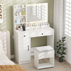 Ensemble Coiffeuse et Tabouret avec Miroir LED COSTWAY Couleurs Réglables Station de Charge 2 Tiroirs Espace de RangementBlanc