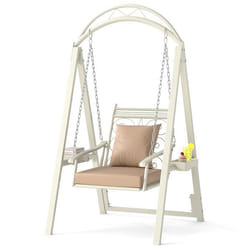 COSTWAY Balancelle de Jardin Portique avec Motif FeuillesCoussins Inclus. - Mini Tables Latérales pour  Balcon Piscine Blanc