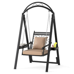 COSTWAY Balancelle de Jardin Portique avec Motif FeuillesCoussins Inclus. - Mini Tables Latérales pour  Balcon Piscine Noir