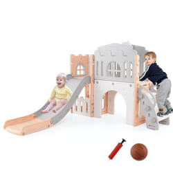 Toboggan 9 en 1 COSTWAY avec Panier de Basket Télescope Volant Allée Tunnel et Espace de Rangement pour Enfant 1+ Mois Rose
