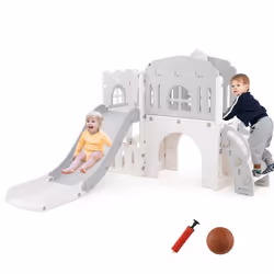 Toboggan 9 en 1 COSTWAY avec Panier de Basket Télescope Volant Allée Tunnel et Espace de Rangement pour Enfant 1+ Mois Gris