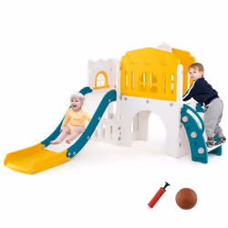 Toboggan 9 en 1 COSTWAY avec Panier de Basket Télescope Volant Allée Tunnel et Espace de Rangement pour Enfant 1+ Mois Jaune