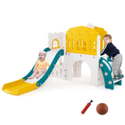 Toboggan 9 en 1 COSTWAY avec Panier de Basket Télescope Volant Allée Tunnel et Espace de Rangement pour Enfant 1+ Mois Jaune
