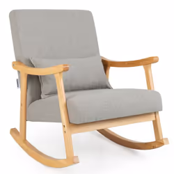 COSTWAY Fauteuil à Bascule en Bois de Caoutchouc Naturel - Dossier Haut et Coussin de Siège Rembourré 59 cm x 57 cm Gris