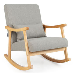 COSTWAY Fauteuil à Bascule en Bois de Caoutchouc Naturel - Dossier Haut et Coussin de Siège Rembourré 59 cm x 57 cm Gris