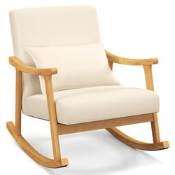 COSTWAY Fauteuil à Bascule en Bois de Caoutchouc Naturel - Dossier Haut et Coussin de Siège Rembourré 59 cm x 57 cm Beige