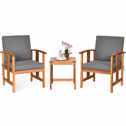 Ensemble 3 PCS Table et Chaises de Jardin Extérieur COSTWAY Cadre en Bois dAcacia Coussins Lavables pour Cour Piscine Salon
