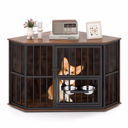 COSTWAY Maison Cage dAngle pour Animaux avec Mangeoire Réglable 2 Gamelles en Acier Inoxydable Pieds Réglables pour Chien Cha ...