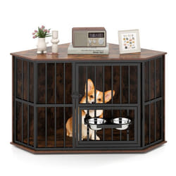 COSTWAY Maison Cage dAngle pour Animaux avec Mangeoire Réglable 2 Gamelles en Acier Inoxydable Pieds Réglables pour Chien Chat