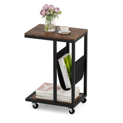 COSTWAY Table dAppoint en Forme de C sur Roulettes Industrielle 3 Niveaux pour Canapé avec Poche de Rangement 40 x 28 x 59 CM