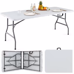 COSTWAY Table de Jardin Extérieur 180 CM Pliable en Deux Poignée Pieds en Métal Patins Antidérapants pour Pique-nique Mariage
