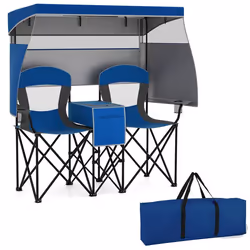 COSTWAY Chaise de Camping Extérieur Pliante 2 Places Baldaquin Réglable Ombres à 3 Côtés Porte-gobelets Sac de Transport Bleu