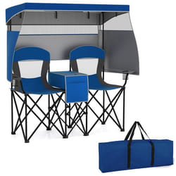 COSTWAY Chaise de Camping Extérieur Pliante 2 Places Baldaquin Réglable Ombres à 3 Côtés Porte-gobelets Sac de Transport Bleu