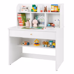 COSTWAY Bureau pour Enfants 6 Ans+ avec Clapier et 1 Tiroir Bibliothèque de Rangement pour Lire Étudier Dessiner