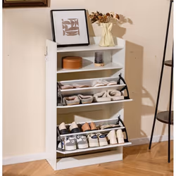 COSTWAY Meuble a Chaussure avec 2 Tiroirs Abattants Rangement Ouvert Étagère à Chaussures pour Entrée Couloir Hall Salon Blan ...