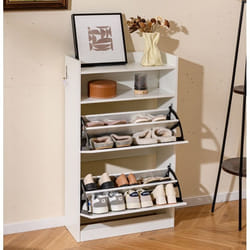 COSTWAY Meuble a Chaussure avec 2 Tiroirs Abattants Rangement Ouvert Étagère à Chaussures pour Entrée Couloir Hall Salon Blanc