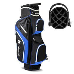 COSTWAY Sac de Golf Trépied avec 14 Compartiments Supérieurs 9 Poches Glacière Compartiment à Chaussures Porte-parapluie Bleu