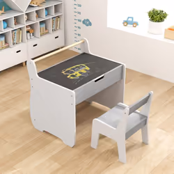 COSTWAY Table Enfant 3 en 1 et Chaise Plateau Amovible Rangement Porte-rouleau de Papier pour Crèche et Salle de Jeux Blanc+G ...