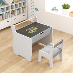COSTWAY Table Enfant 3 en 1 et Chaise Plateau Amovible Rangement Porte-rouleau de Papier pour Crèche et Salle de Jeux Blanc+Gris