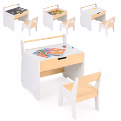 COSTWAY Table Enfant 3 en 1 et Chaise Plateau Amovible Rangement Porte-rouleau de Papier pour Crèche et Salle de Jeux Naturel