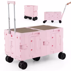 COSTWAY Chariot de Plage/Camping avec Table - Pliable Rapide dans 5s - Poignée TélescopiqueRoulettes Tout Terrain Rose