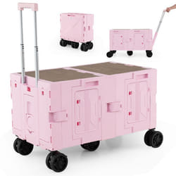 COSTWAY Chariot de Plage/Camping avec Table - Pliable Rapide dans 5s - Poignée TélescopiqueRoulettes Tout Terrain Rose