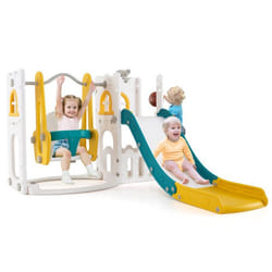 Toboggan 7 en 1 COSTWAY avec Balançoire Panier de Basket et Télescope Espace de Rangement Jeu Intérieur-Extérieur 12+ Mois Jaune