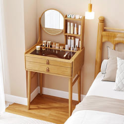 Coiffeuse en Bambou avec Miroir et 2 Tiroirs COSTWAY Étagères de Rangement Ouvertes Plateau en Verre Naturel pour Petite Espace