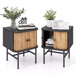 COSTWAY Lot de 2 Table de Chevet - Portes Coulissantes - Pieds en Métal - Design Milieu du Siècle - pour Chambre Salon Noir