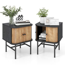 COSTWAY Lot de 2 Table de Chevet - Portes Coulissantes - Pieds en Métal - Design Milieu du Siècle - pour Chambre Salon Noir