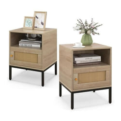 Lot de 2 Table de Chevet avec Rangement COSTWAY-Compartiment Ouverte-Armoire à Porte-Décoration en Rotin-Effet Bohème-40x40x57cm