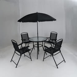Ensemble 6 PCS Table et Chaises de Jardin Extérieur COSTWAY avec Parasol Table Ronde en Verre Trempé 4 Chaises Pliantes Noir
