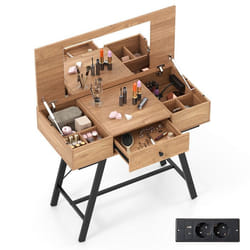 2 en 1 Coiffeuse avec Miroir COSTWAY Station de Charge Table de Maquillage à Dessus Rabattable Tiroir 6 Compartiments Naturel