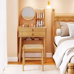 Ensemble de Coiffeuse et Tabouret en Bambou COSTWAY avec Miroir 2 Tiroirs Étagères Ouvertes Plateau en Verre Design Compact