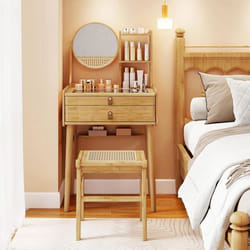 Ensemble de Coiffeuse et Tabouret en Bambou COSTWAY avec Miroir 2 Tiroirs Étagères Ouvertes Plateau en Verre Design Compact