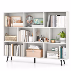 Bibliothèque Etagère à 10 Cubes COSTWAY avec 5 Pieds Métalliques 2 Kits Antichute pour Salon Bureau Chambre 140x24x107cm Blan ...