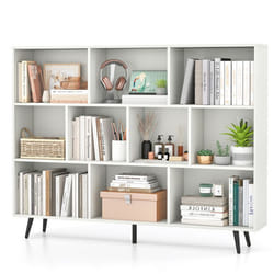 Bibliothèque Etagère à 10 Cubes COSTWAY avec 5 Pieds Métalliques 2 Kits Antichute pour Salon Bureau Chambre 140x24x107cm Blanc