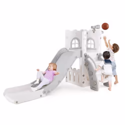 Toboggan 6 en 1 COSTWAY avec Panier de Basket et Télescope Marches Antidérapantes Cadeaux pour Garçons et Filles Gris