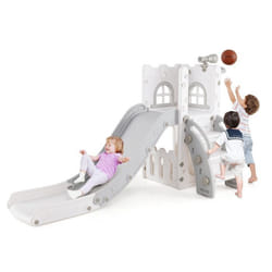 Toboggan 6 en 1 COSTWAY avec Panier de Basket et Télescope Marches Antidérapantes Cadeaux pour Garçons et Filles Gris
