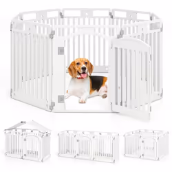 Barrière Pliable à 8 Panneaux pour Animaux COSTWAY Clôture Portable pour Chien avec Porte Sécurisée Piquets de Sol Intér Exté ...