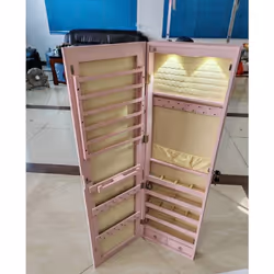 Armoire à Bijoux Mural avec Miroir et Lumière LED COSTWAY Rangement de Bijoux Accrochée à la Porte 120 x 36 x 10 CM Rose