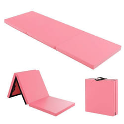 Tapis de Gym Pliable COSTWAY-180 x 60 x 5cm-3 Plis avec Poignée-Attaches Auto-agrippantes-en PU Etanche Remplissage EPE-Rose Foncé